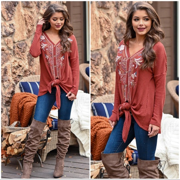 Infinity Raine Tops - ✨LAST ONE✨Rust Emb. Waffle Knit Tie Front Sweater